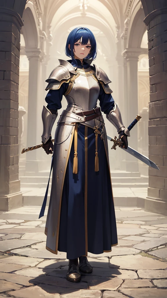 (masterpiece, 4K ,Super detailed:1.2), (anime:1), (Perfect quality), The whole body is shown, View Viewer, Holding a longsword, Adult women, Knight Commander, Full Body Art, Blue Hair, White skin, Knight's full plate decorated armor, Silver Cape, Perfect detail