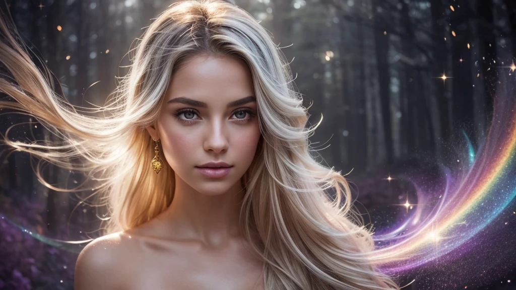 Create a stunning portrait of an ethereal young woman surrounded by a mesmerizing display of magical elements. The woman should have delicate features, with luminous skin that seems to glow from within. Her eyes should sparkle with an otherworldly light, reflecting the magic around her. Her hair should flow gracefully, perhaps with subtle magical highlights or a soft shimmer. Encompassing the woman, create a breathtaking aura of fantastical sparkles and magical dust. These elements should vary in size and intensity, from tiny glimmering specks to larger, more prominent magical particles. The sparkles should have a range of colors, predominantly soft golds, silvers, and iridescent hues that complement the overall color scheme. Integrate floating, gradient atmospheric particles throughout the image. These should be well-illuminated, creating a sense of depth and dimension. The particles could range from soft, misty orbs to more defined, geometric shapes, all contributing to the magical atmosphere. Use a variety of colors for these particles, ensuring they blend harmoniously with the sparkles and the overall composition. The lighting should be soft yet dramatic, with key light sources that highlight the woman's features and the magical elements around her. Consider incorporating rim lighting to create a magical glow around her silhouette. The overall illumination should enhance the fantastical nature of the scene, perhaps with gentle light rays or a soft, ethereal glow permeating the entire image. Ensure the image has high saturation to bring out the vibrancy of the magical elements and the woman's features. The contrast should be well-balanced, creating depth and dimension without overpowering the softer, magical elements. This will help to make the sparkles and particles stand out against the background while still maintaining a cohesive and enchanting overall look. The background should be subtle yet mystical, perhaps featuring a soft gradient or a blurred magical l