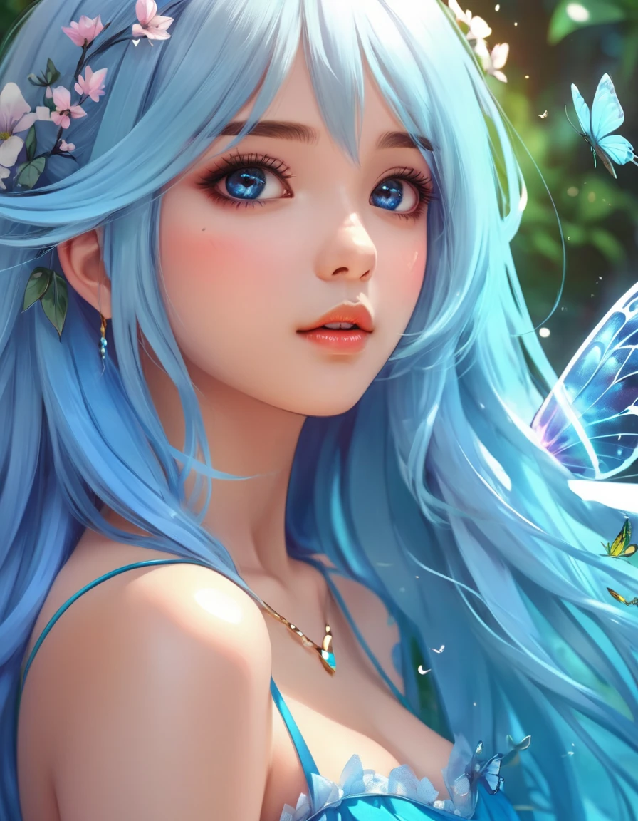 Anime girl with blue hair and butterfly wings, detailed Digital anime art, 8K high quality, detailed art, Fantasy art style, Digital anime art, Anime Style 4k, Cute and detailed digital art, Fan Art Best Art Station, deviantart artstation cgscosiety, Art Station pixiv's artgerm, Digital anime illustration, anime art wallpaper 4k