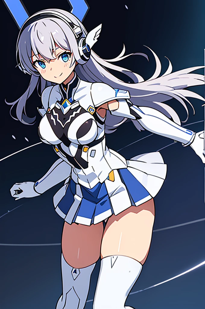 Mecha Wings、White and blue skirt、Accentuated thighs、White tights、chest、Beautiful black hair、1 girl、solo girl、Thick thighs、IS、Frame Arms Girl、Alice Gere Aegis、White Armor、Blue and purple lines、income、headphone、hand on own chest、smile