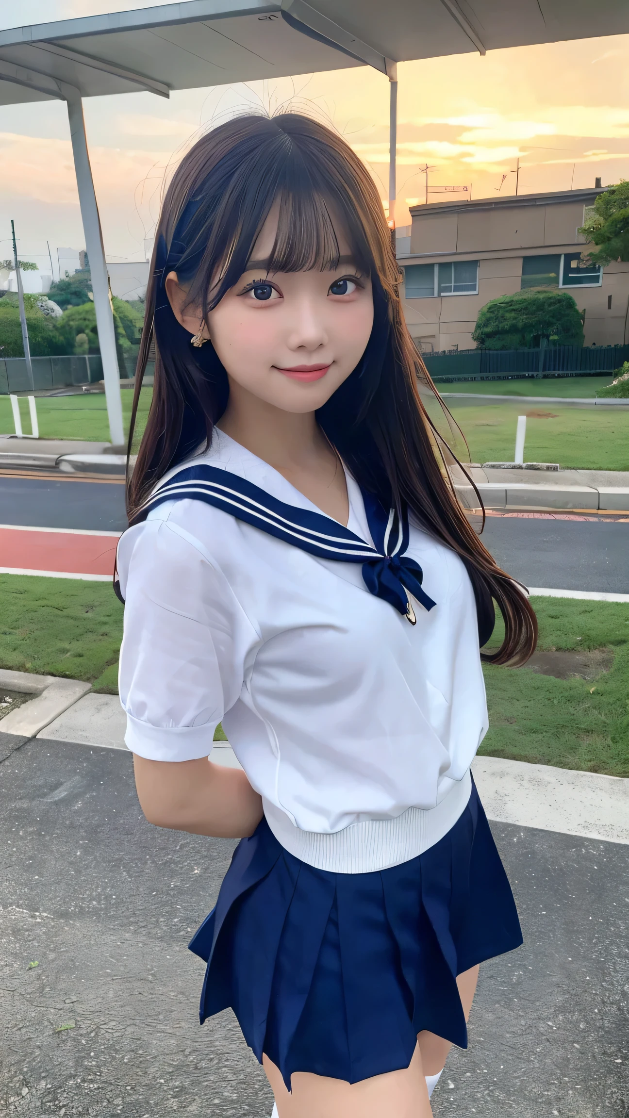 best quality, 1 beautiful female student, sailor uniform, mini skirt, standing at school gate after school, gentle smile, sunset, detailed background