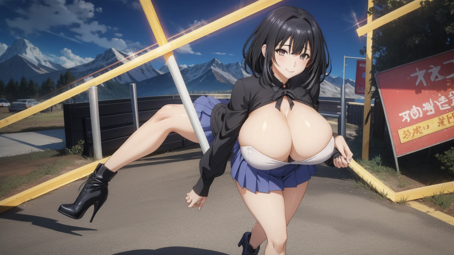 1 girl, very big breasts, very sexy body, 1 girl in, a smile, looks at the viewer, black shirt, super short white school miniskirt, full body, giant breasts, cleavage, giant breasts, heels, background in the mountains 1 girl , with big breasts. long legs QUEEN huge tits, (cleavage), high legs, (standing), sexy and muscular body. short skirt.4k hd