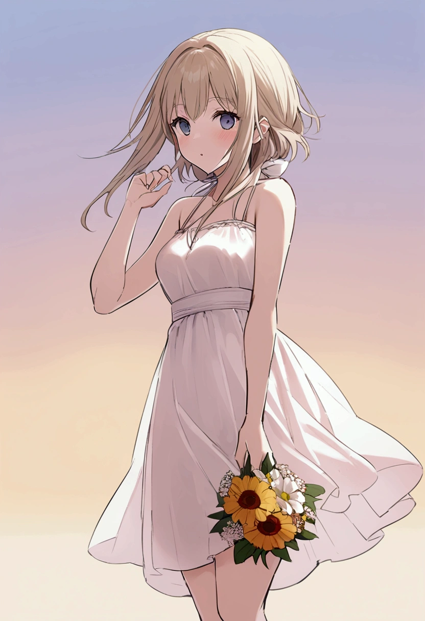 Girl with a bouquet Modern Cumulonimbus Summer Flower shop Sunset Plain background Simple