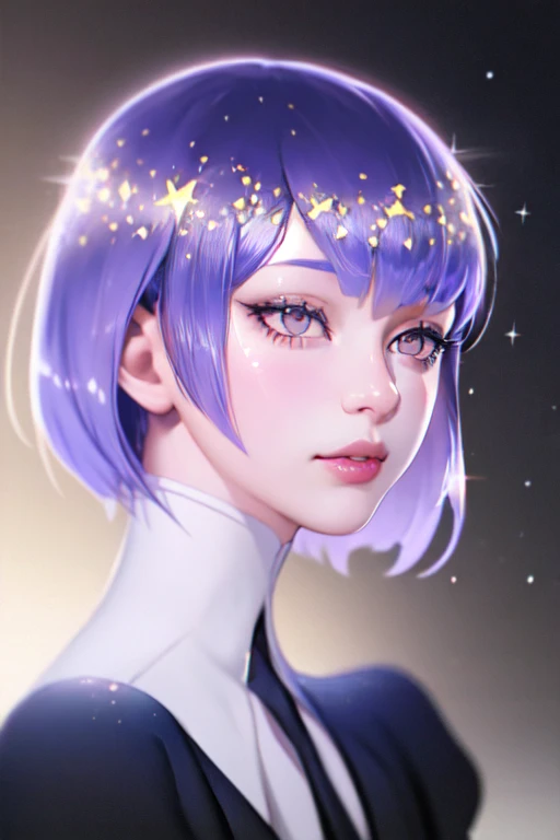 1girl, beautiful face, ((white eyes)), sexy pose, lilac hair color, shiny hair, ((gem-like)), short hair, stars, space, (lightro...