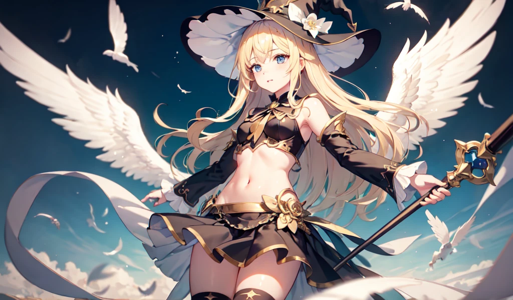 Afterimage, Bokeh, Blurred foreground, Wide Shot, 超High resolution, retina, masterpiece, Attention to detail, Highest quality, High resolution, 4K,god々In a cool atmosphere、A blonde angel descends from the sky、White feathers flutter.Magical girl、Witch Hat、Magic wand、Detailed face、Black knee-high socks and knee skirt、Thighs、Navel peeping、whole body,mischief