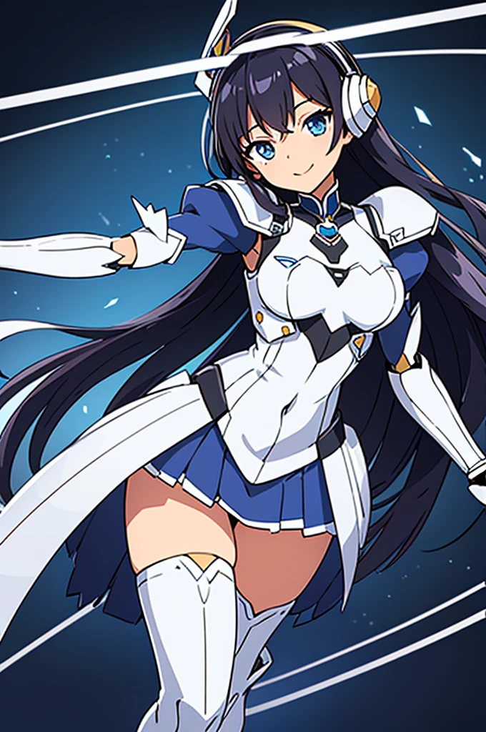 Mecha Wings、White and blue skirt、Accentuated thighs、White tights、chest、Beautiful black hair、1 girl、solo girl、Thick thighs、IS、Frame Arms Girl、Alice Gere Aegis、White Armor、Blue and purple lines、income、headphone、hand on own chest、smile
