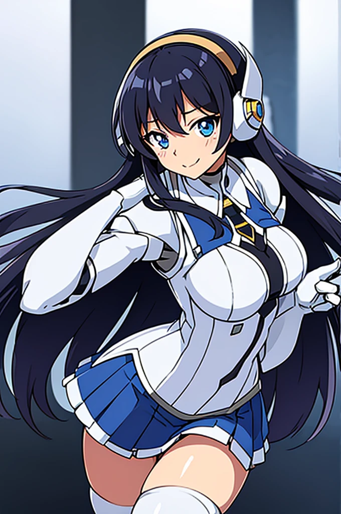 Mecha Wings、White and blue skirt、Accentuated thighs、White tights、chest、Beautiful black hair、1 girl、solo girl、Thick thighs、IS、Frame Arms Girl、Alice Gere Aegis、White Armor、Blue and purple lines、income、headphone、hand on own chest、smile