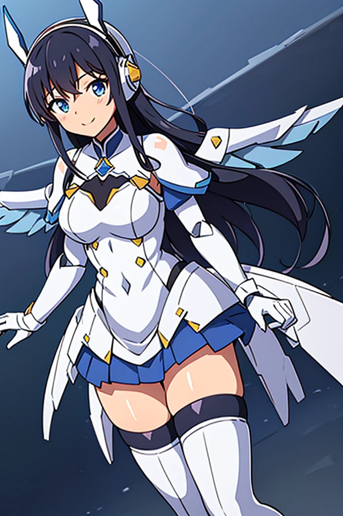 Mecha Wings、White and blue skirt、Accentuated thighs、White tights、chest、Beautiful black hair、1 girl、solo girl、Thick thighs、IS、Frame Arms Girl、Alice Gere Aegis、White Armor、Blue and purple lines、income、headphone、hand on own chest、smile