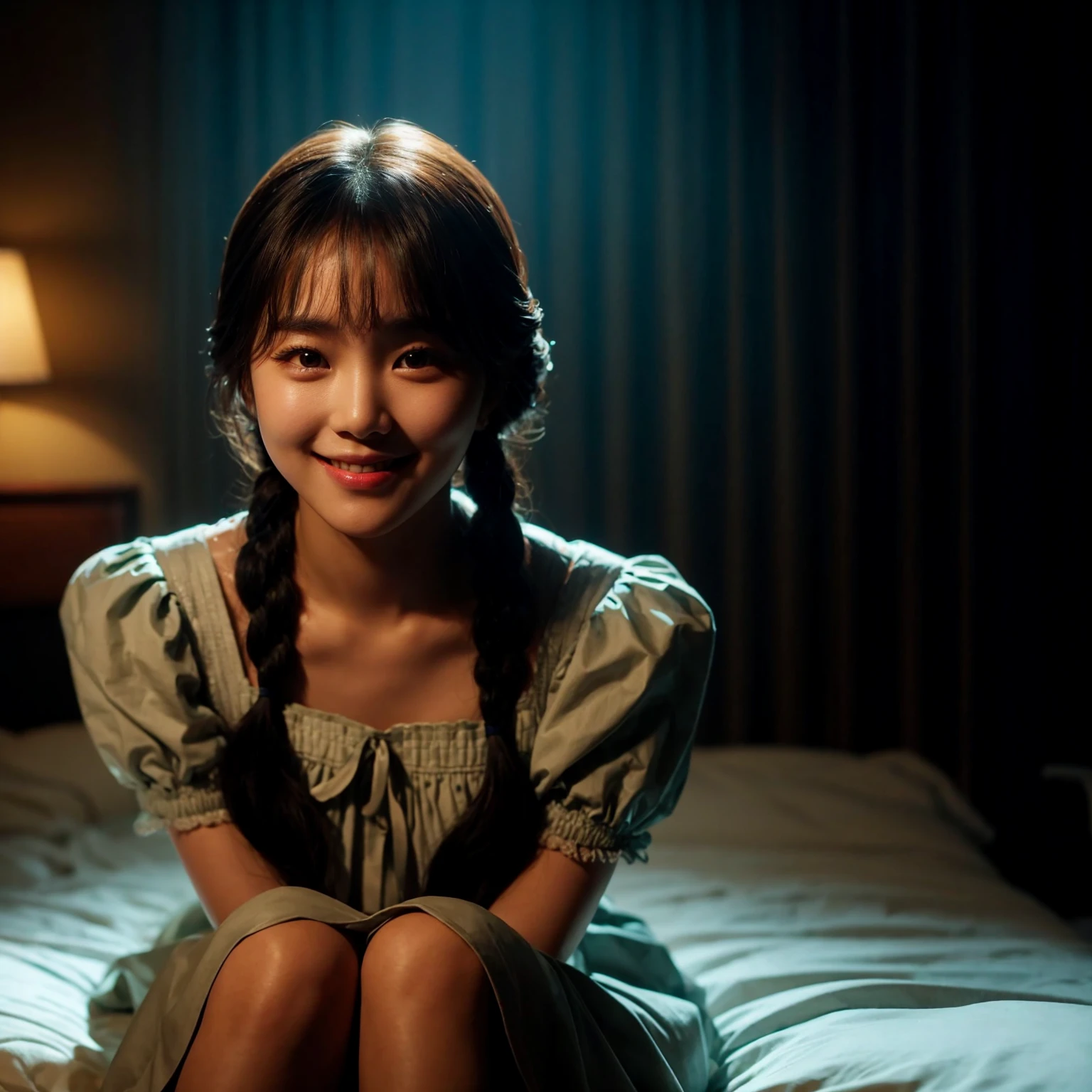 close up A young Korean woman in a dress sits on a bed, propped up, smiling at the camera. Her hair is styled in two braids with bangs. The dim lighting creates a calm bedroom atmosphere, with the spotlight focused on her. The shot is vivid and captures the essence of a cinematic masterpiece in HDR.
