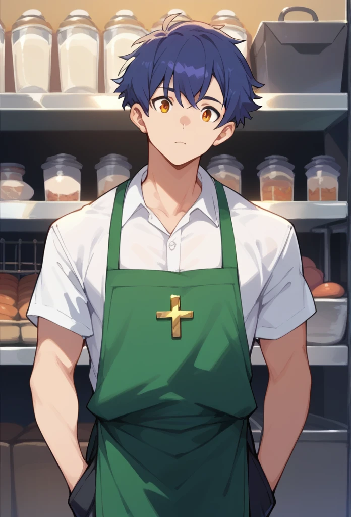 (score_9,score_8_up,score_7_up,score_6_up,score_5_up,score_4_up, source_anime), 8k, best quality, best lighting, BREAK, 1boy, 17 yo, toned, male face, male eyes, male focus, green cross-back apron on white dress shirt, black pants, glossary store, round face, huge penis is erected under apron