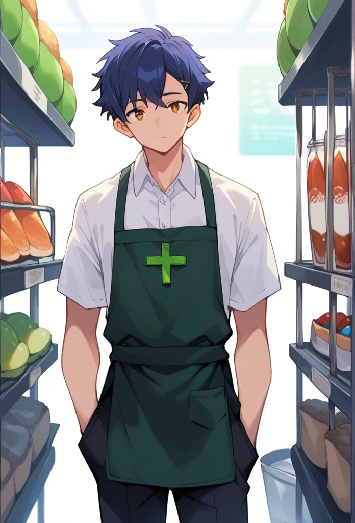 (score_9,score_8_up,score_7_up,score_6_up,score_5_up,score_4_up, source_anime), 8k, best quality, best lighting, BREAK, 1boy, 17 yo, toned, male face, male eyes, male focus, green cross-back apron on white dress shirt, black pants, glossary store, round face, huge penis is erected under apron