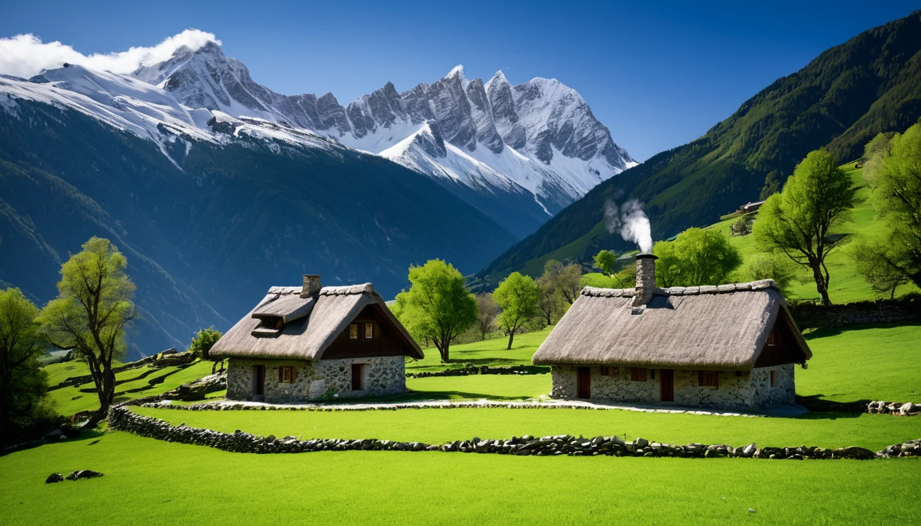 Photograph depicting a picturesque mountainous landscape with a traditional stone house nestled in the foreground. The house has a thatched roof and a prominent chimney, providing a rustic, alpine atmosphere. The surrounding environment is lush and the mountains in the background are covered in snow, a high altitude place. Canon RF 50mm F4-7.1 IS STM, f/8, ISO 100, DSLR, HDR, 32k, post-production