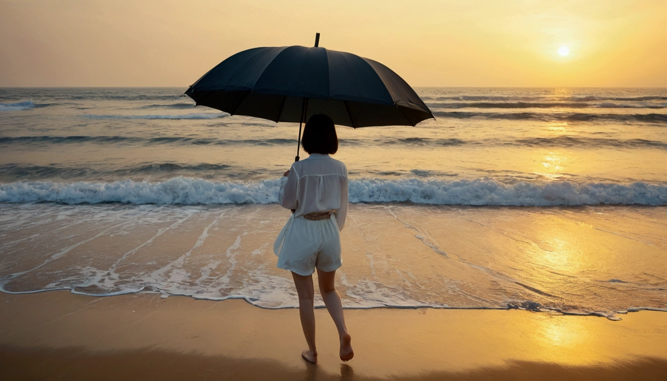 8k, Vivid picture quality, Vivid picture quality, long deserted beach, walking slowly from afar, short medium hair, beautiful appearance, Model-like body, sunset의 붉은 빛, sunset, alone, afternoon, depressed, tide가 밀려온다, rain, black umbrella, ocean, tide, wind, rain가 내리는, Short and slim Korean woman, tower, White shorts, rain가 내리는, walking on the beach with a black umbrella