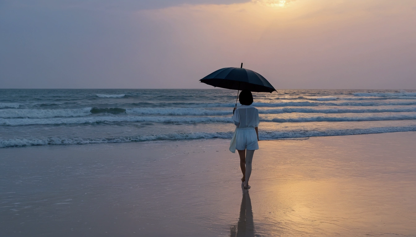 8k, Vivid picture quality, Vivid picture quality, long deserted beach, walking slowly from afar, short medium hair, beautiful appearance, Model-like body, sunset의 붉은 빛, sunset, alone, afternoon, depressed, tide가 밀려온다, rain, black umbrella, ocean, tide, wind, rain가 내리는, Short and slim Korean woman, tower, White shorts, rain가 내리는, walking on the beach with a black umbrella