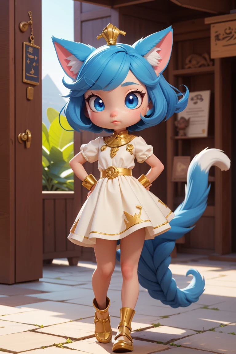 1girl，Artist Name，Egyptian cat，Blue Hair，skin，Keep your mouth shut，Wear，whole body，solo，Standing，猫Tail，Keep your mouth shut，Wear，Looking at the audience,Animal Crossing Furry, Blue Hair, Hair accessories, 黄skin, black eyes, White Dress, Tail, Egyptian Pyramids，mummy，Sunlight，sunny，(masterpiece), ((best quality), Detailed background, masterpiece, best quality, high quality, absurd, The award-winning, professional, Very detailed