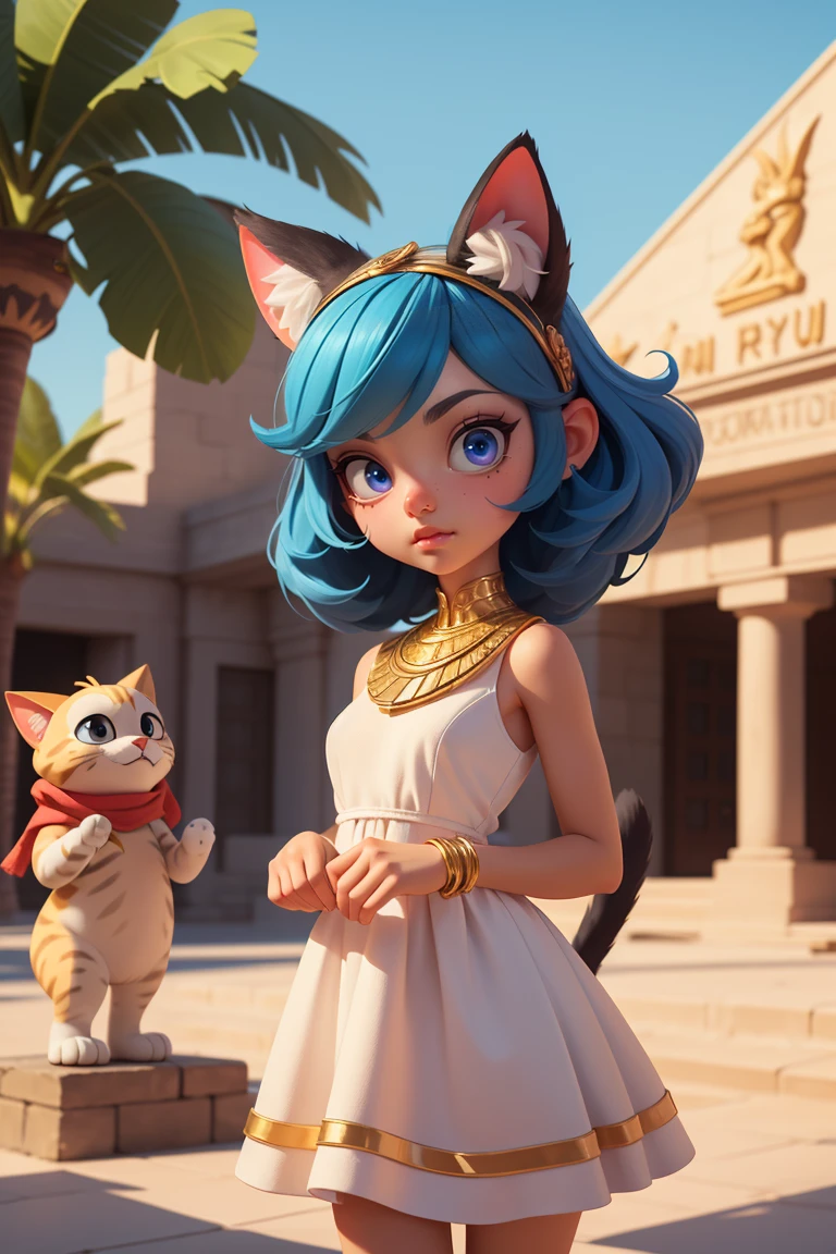 1girl，Artist Name，Egyptian cat，Blue Hair，skin，Keep your mouth shut，Wear，whole body，solo，Standing，猫Tail，Keep your mouth shut，Wear，Looking at the audience,Animal Crossing Furry, Blue Hair, Hair accessories, 黄skin, black eyes, White Dress, Tail, Egyptian Pyramids，mummy，Sunlight，sunny，(masterpiece), ((best quality), Detailed background, masterpiece, best quality, high quality, absurd, The award-winning, professional, Very detailed