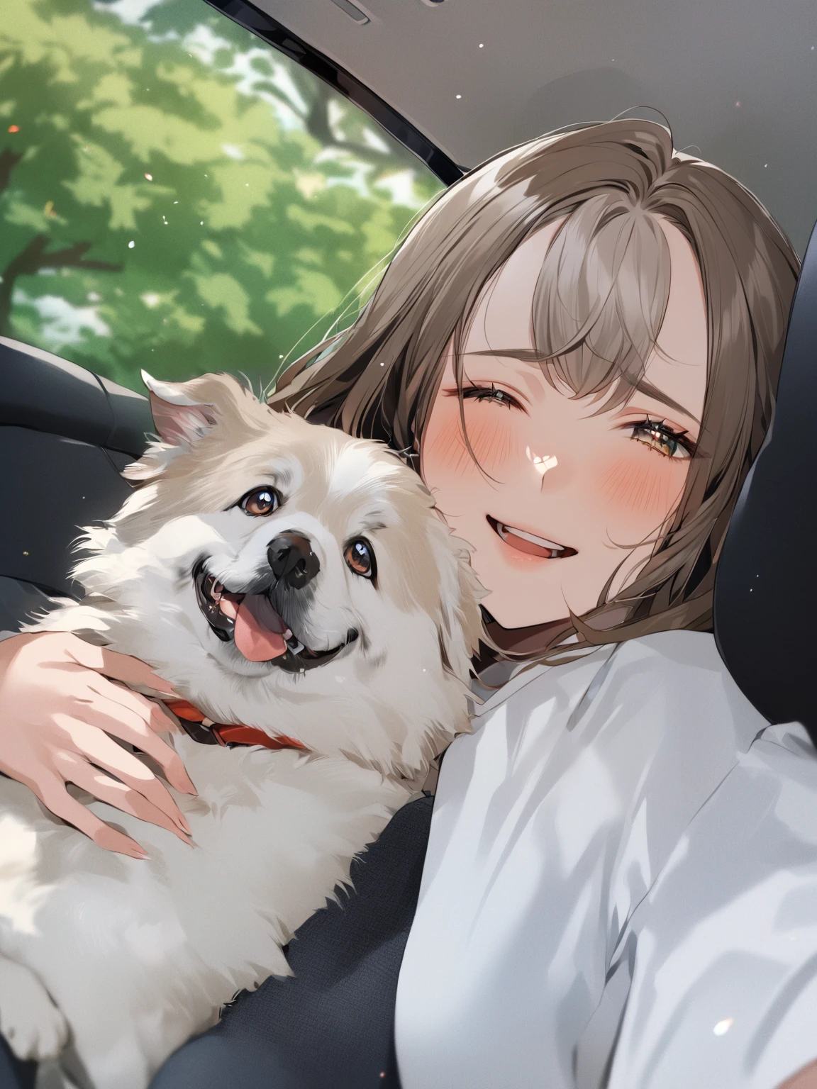 blue sky,cloud,In the car,Lying on your back,,1 Girl, Red eyes, Twin tails, brown hair,((breast focus)),upper body,naked, bangs, eyebrows visible through hair, Small breasts,1boy,((Breastfeeding)),