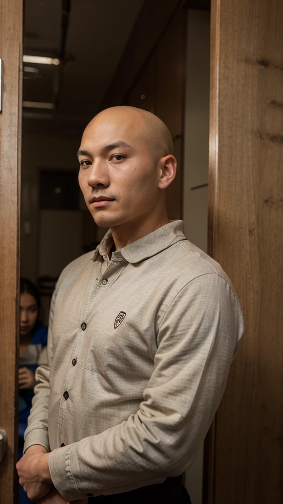 bald buryat man, posing in the school, wearing, brown eyes, looking away