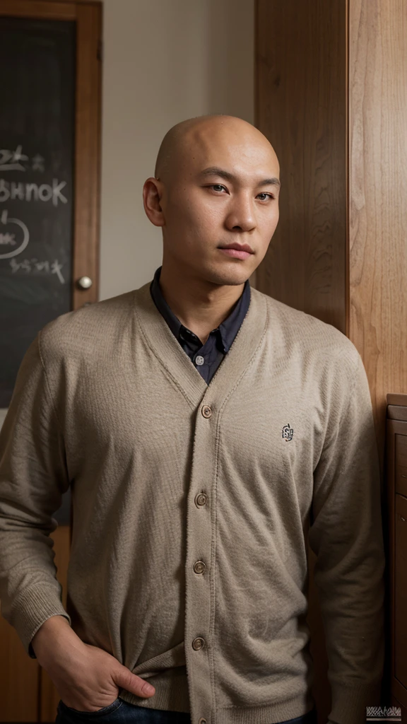 bald buryat man, posing in the school, wearing, brown eyes, looking away