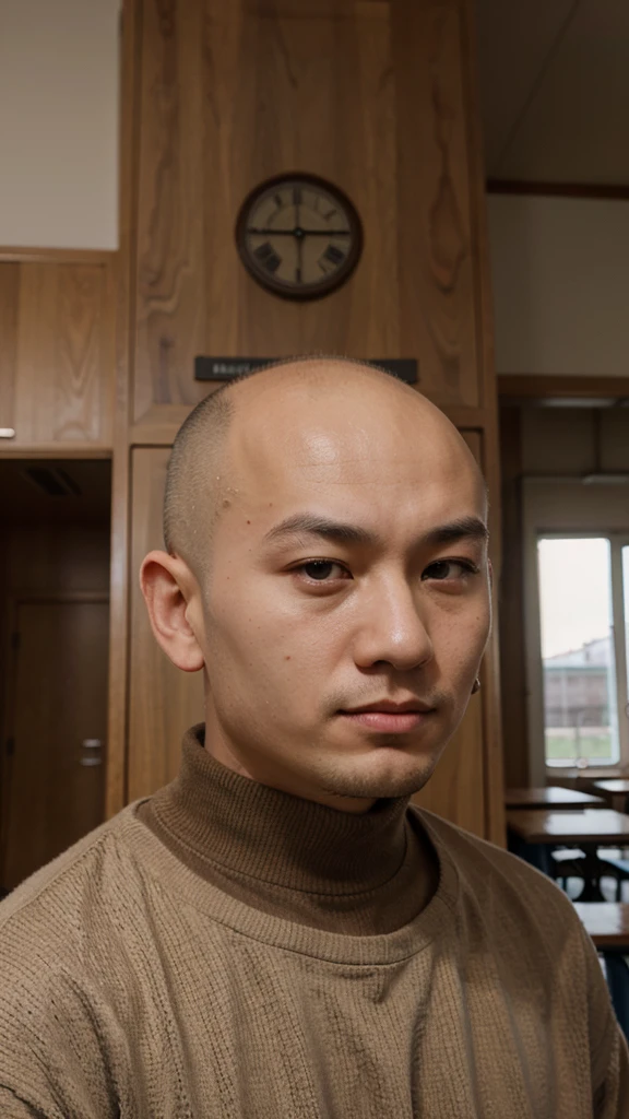 bald buryat man, posing in the school, wearing, brown eyes, looking away