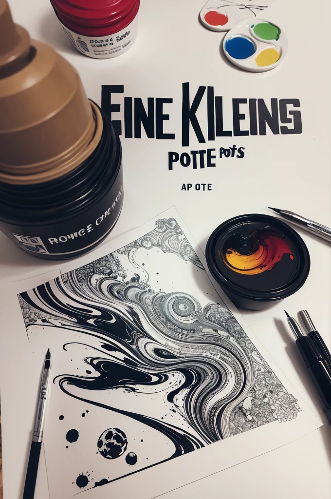 Create an ink-themed cover, with paint pots on the side in the shape of a drawing