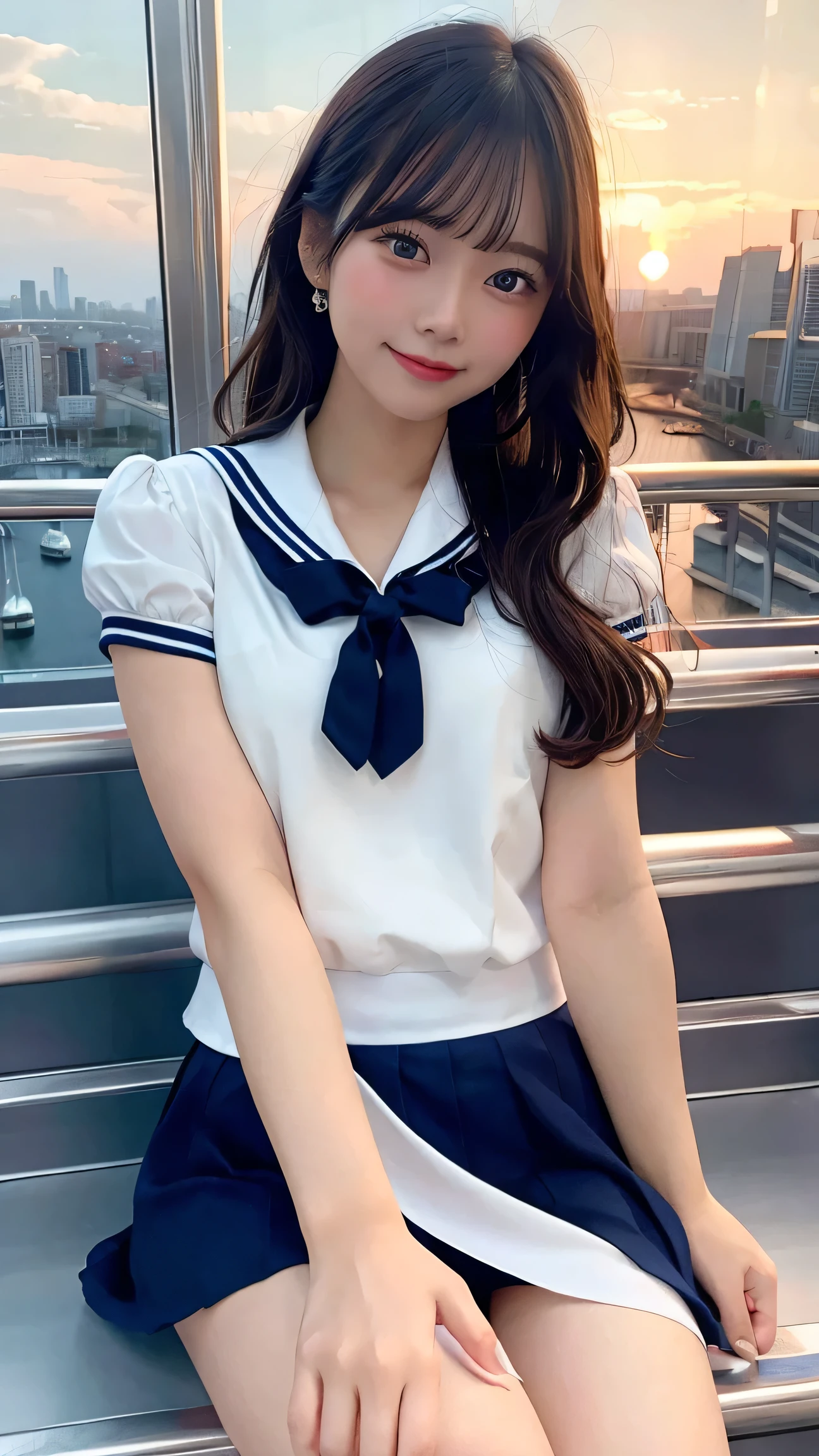 best quality, 1 beautiful woman, sailor uniform, mini skirt, sitting in ferris wheel, city view, holding hands, romantic atmosphere, sunset, high detail