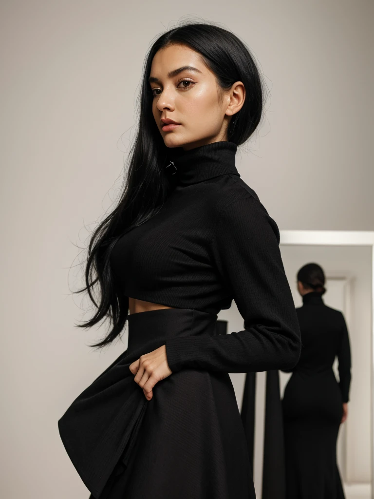 Best quality, masterpiece, ultra high res, (photorealistic:1.5), raw photo, 1 mature Ancient Egyptian girl, (((black long sleeve turtleneck dress))), black coat with fur, in the dark, deep shadow, low key, cold light, sexy look, black Cleopatra's hair (((black hair))), bright eyes, yin sanpaku eyes, eyeshadow, (((plain white background))), cinematic studio lighting