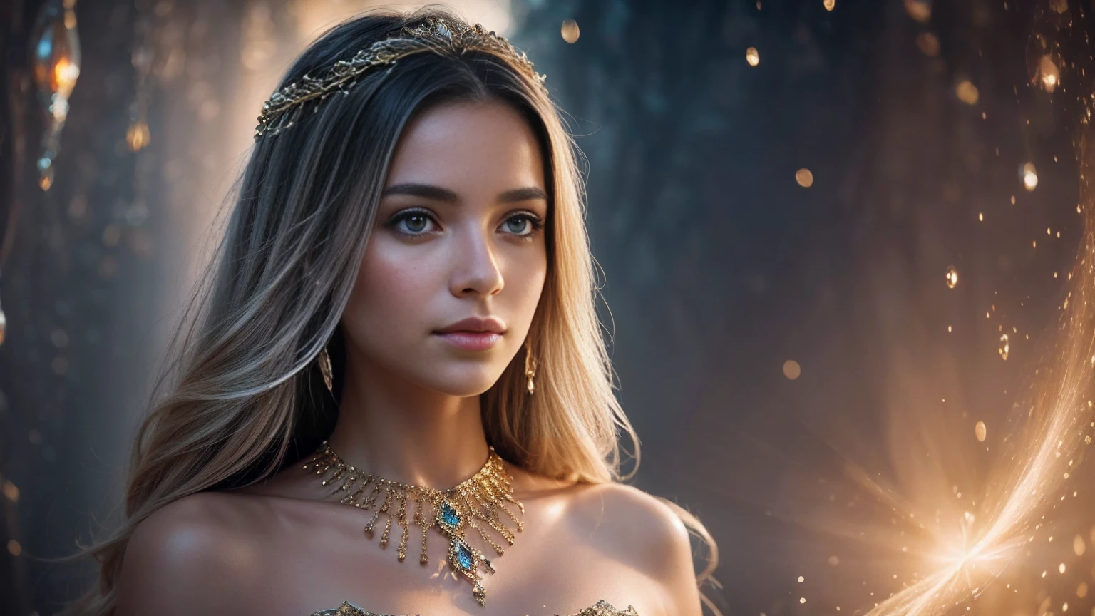 Create a stunning portrait of an ethereal young woman surrounded by a mesmerizing display of magical elements. The woman should have delicate features, with luminous skin that seems to glow from within. Her eyes should sparkle with an otherworldly light, reflecting the magic around her. Her hair should flow gracefully, perhaps with subtle magical highlights or a soft shimmer. Encompassing the woman, create a breathtaking aura of fantastical sparkles and magical dust. These elements should vary in size and intensity, from tiny glimmering specks to larger, more prominent magical particles. The sparkles should have a range of colors, predominantly soft golds, silvers, and iridescent hues that complement the overall color scheme. Integrate floating, gradient atmospheric particles throughout the image. These should be well-illuminated, creating a sense of depth and dimension. The particles could range from soft, misty orbs to more defined, geometric shapes, all contributing to the magical atmosphere. Use a variety of colors for these particles, ensuring they blend harmoniously with the sparkles and the overall composition. The lighting should be soft yet dramatic, with key light sources that highlight the woman's features and the magical elements around her. Consider incorporating rim lighting to create a magical glow around her silhouette. The overall illumination should enhance the fantastical nature of the scene, perhaps with gentle light rays or a soft, ethereal glow permeating the entire image. Ensure the image has high saturation to bring out the vibrancy of the magical elements and the woman's features. The contrast should be well-balanced, creating depth and dimension without overpowering the softer, magical elements. This will help to make the sparkles and particles stand out against the background while still maintaining a cohesive and enchanting overall look. The background should be subtle yet mystical, perhaps featuring a soft gradient or a blurred magical l
