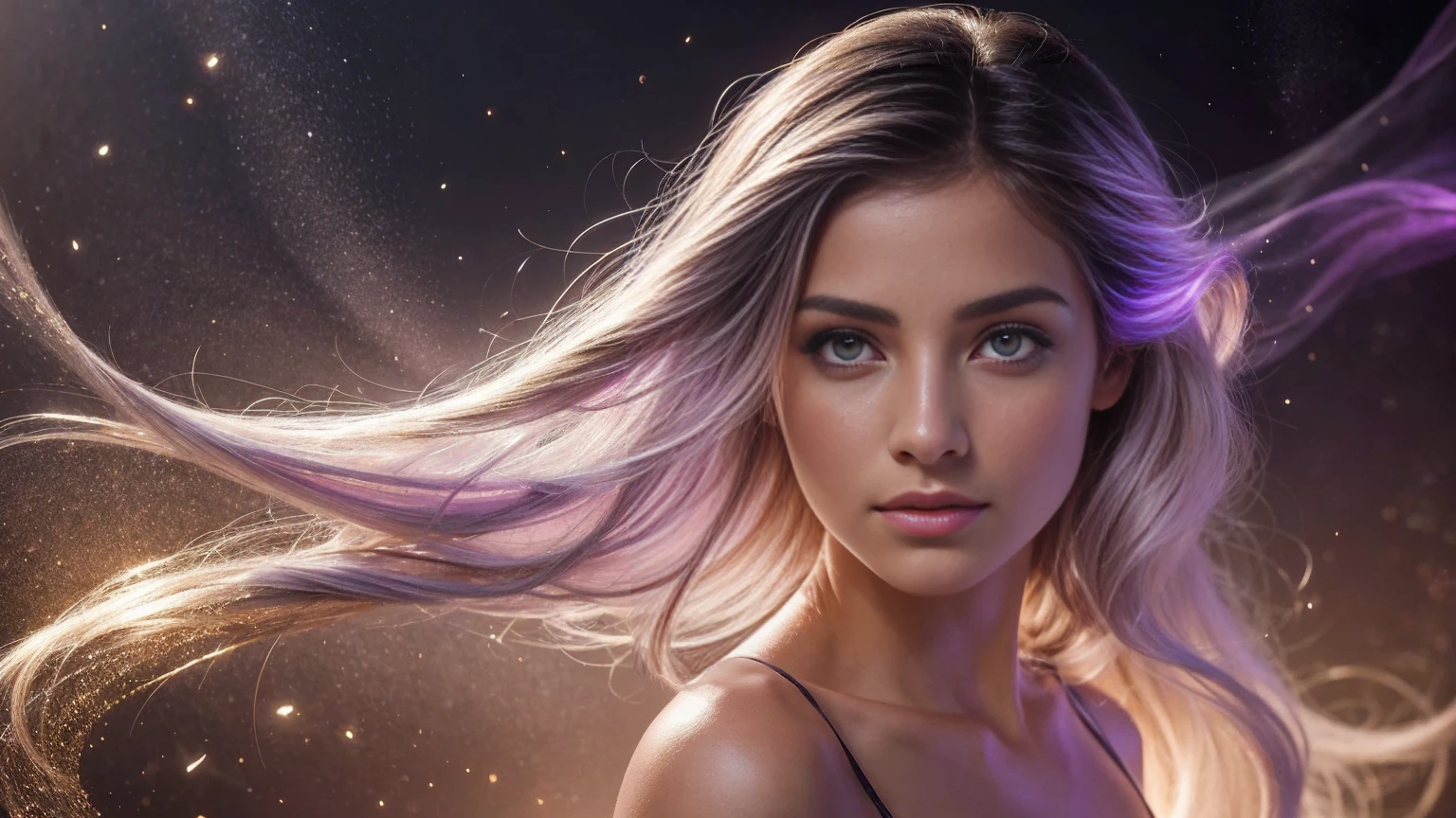 Create a stunning portrait of an ethereal young woman surrounded by a mesmerizing display of magical elements. The woman should have delicate features, with luminous skin that seems to glow from within. Her eyes should sparkle with an otherworldly light, reflecting the magic around her. Her hair should flow gracefully, perhaps with subtle magical highlights or a soft shimmer. Encompassing the woman, create a breathtaking aura of fantastical sparkles and magical dust. These elements should vary in size and intensity, from tiny glimmering specks to larger, more prominent magical particles. The sparkles should have a range of colors, predominantly soft golds, silvers, and iridescent hues that complement the overall color scheme. Integrate floating, gradient atmospheric particles throughout the image. These should be well-illuminated, creating a sense of depth and dimension. The particles could range from soft, misty orbs to more defined, geometric shapes, all contributing to the magical atmosphere. Use a variety of colors for these particles, ensuring they blend harmoniously with the sparkles and the overall composition. The lighting should be soft yet dramatic, with key light sources that highlight the woman's features and the magical elements around her. Consider incorporating rim lighting to create a magical glow around her silhouette. The overall illumination should enhance the fantastical nature of the scene, perhaps with gentle light rays or a soft, ethereal glow permeating the entire image. Ensure the image has high saturation to bring out the vibrancy of the magical elements and the woman's features. The contrast should be well-balanced, creating depth and dimension without overpowering the softer, magical elements. This will help to make the sparkles and particles stand out against the background while still maintaining a cohesive and enchanting overall look. The background should be subtle yet mystical, perhaps featuring a soft gradient or a blurred magical l