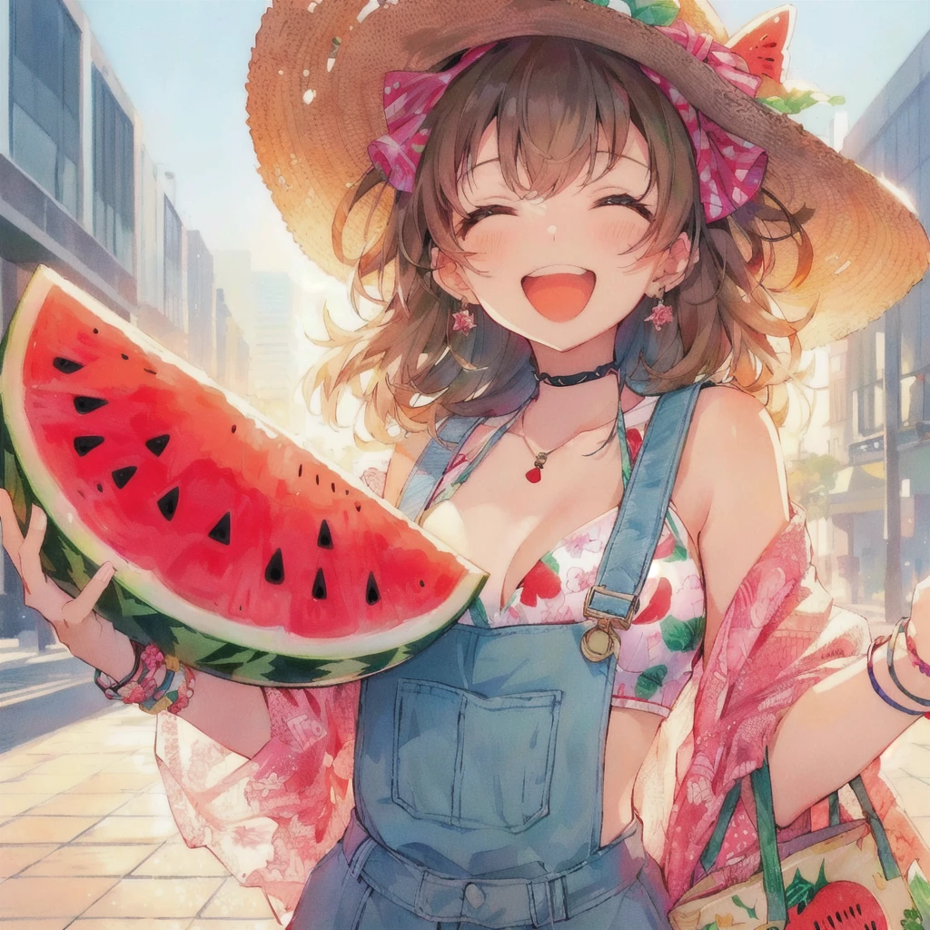 anime girl with a straw hat holding a slice of watermelon,smile, the material is!!! watermelon!!!, everyone, Pixiv, 4K Manga Wallpapers, change,Anime Wallpaper, Pixiv contest winner, anime art wallpaper 4k, anime art wallpaper 4k, 80s anime style,Anime Style 4k, Gwaiz, Splash art anime , 4KAnime Wallpaper