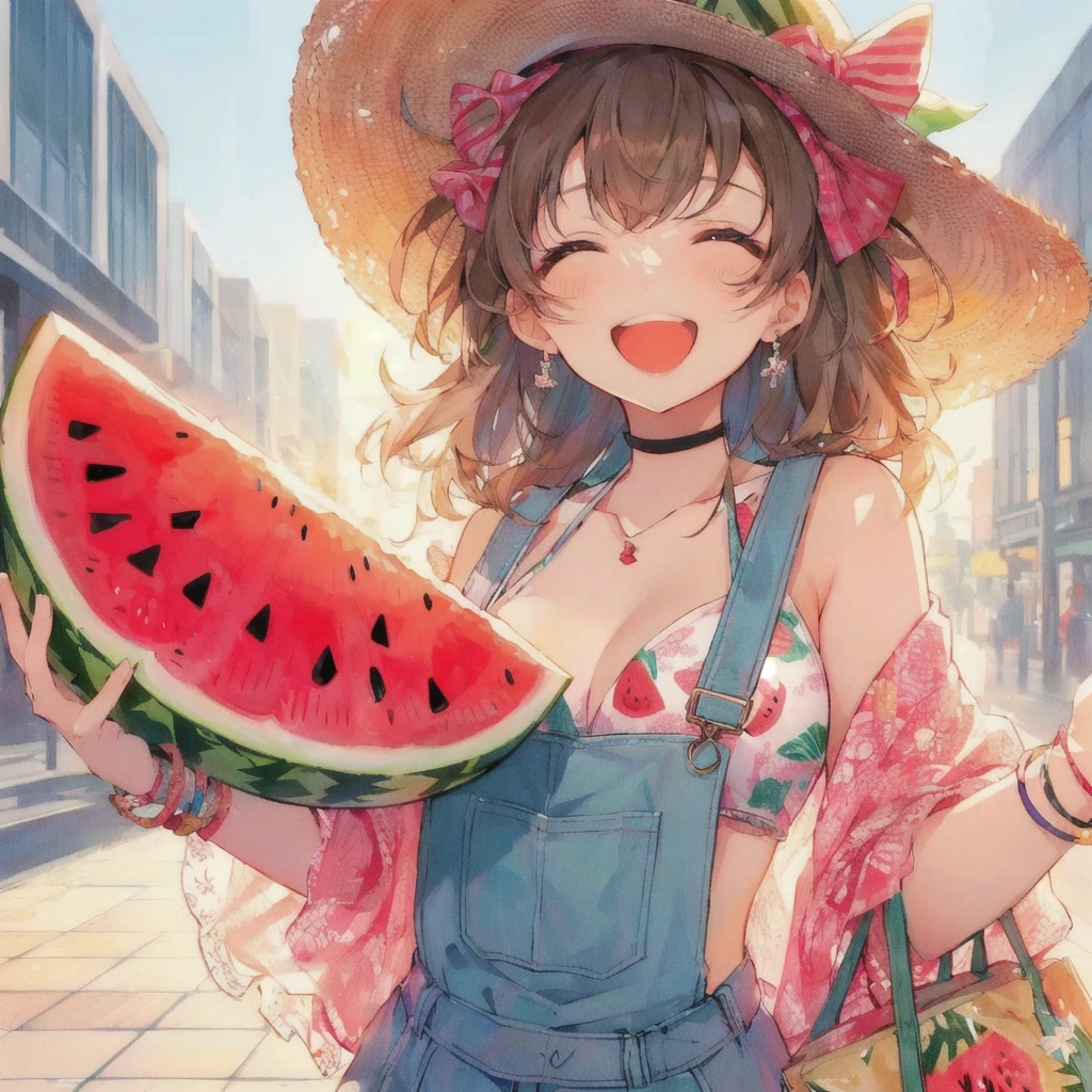 anime girl with a straw hat holding a slice of watermelon,smile, the material is!!! watermelon!!!, everyone, Pixiv, 4K Manga Wallpapers, change,Anime Wallpaper, Pixiv contest winner, anime art wallpaper 4k, anime art wallpaper 4k, 80s anime style,Anime Style 4k, Gwaiz, Splash art anime , 4KAnime Wallpaper