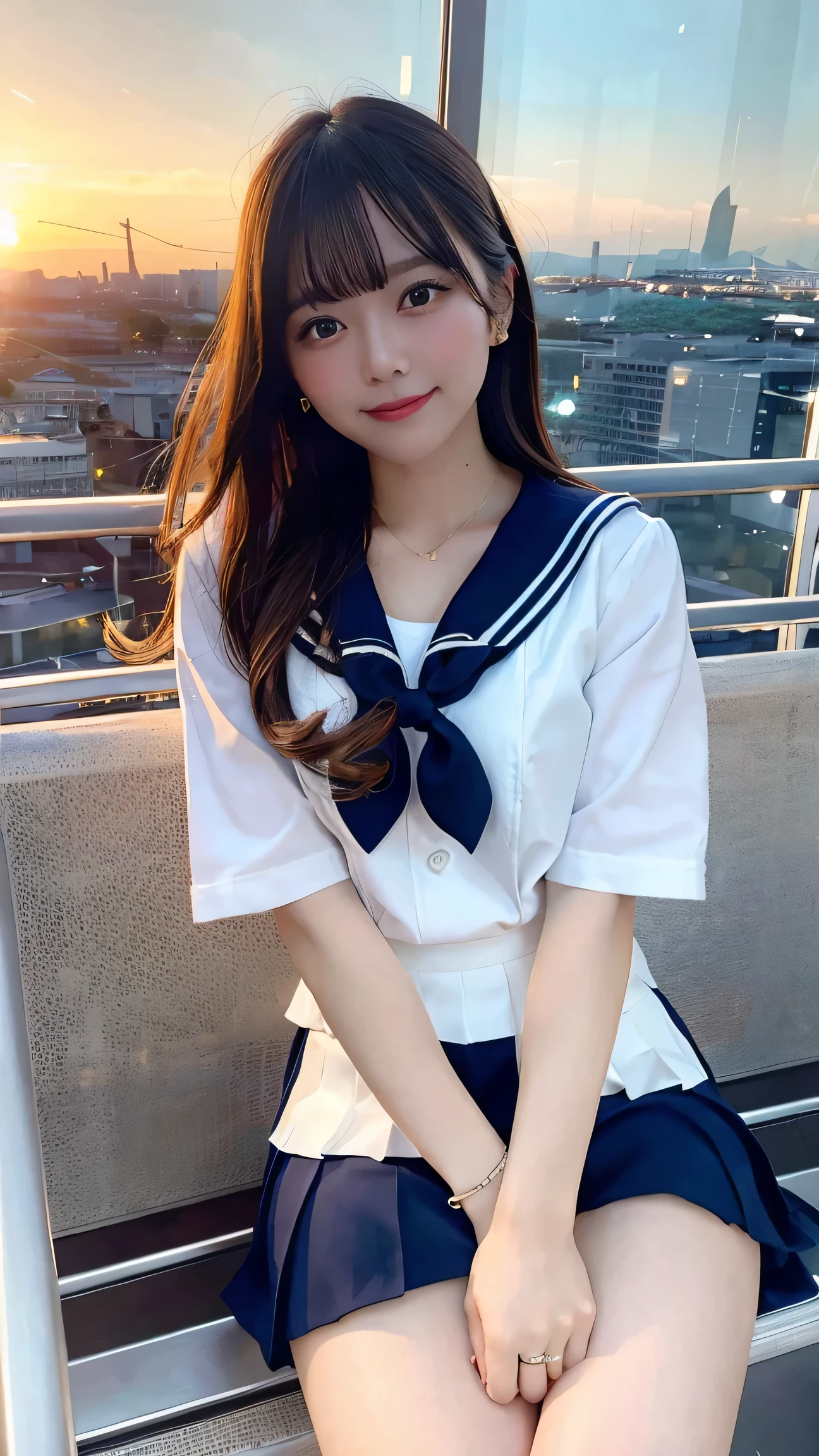 best quality, 1 beautiful woman, sailor uniform, mini skirt, sitting in ferris wheel, city view, holding hands, romantic atmosphere, sunset, high detail