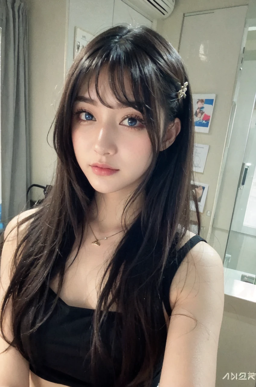 masterpiece, best quality, beautiful young woman, shiny blue eyes, (detailed pupils:1.2), eyelash, beautiful light black hair, streaked hair, multi color, medium hair, perfect face, detailed,