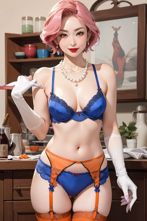 Beautiful mature Japanese woman aged 55, Married women, Long eyelashes, Bob Hair, Pink Hair, ((Red lipstick)), Pink Cheeks, ((Pearl Necklace)), Earrings, Dark eyeshadow, ((Orange bra)), ((blue panties)), ((Red garter stockings)), ((White silk gloves)), Temple, Pussy, Browsing Caution