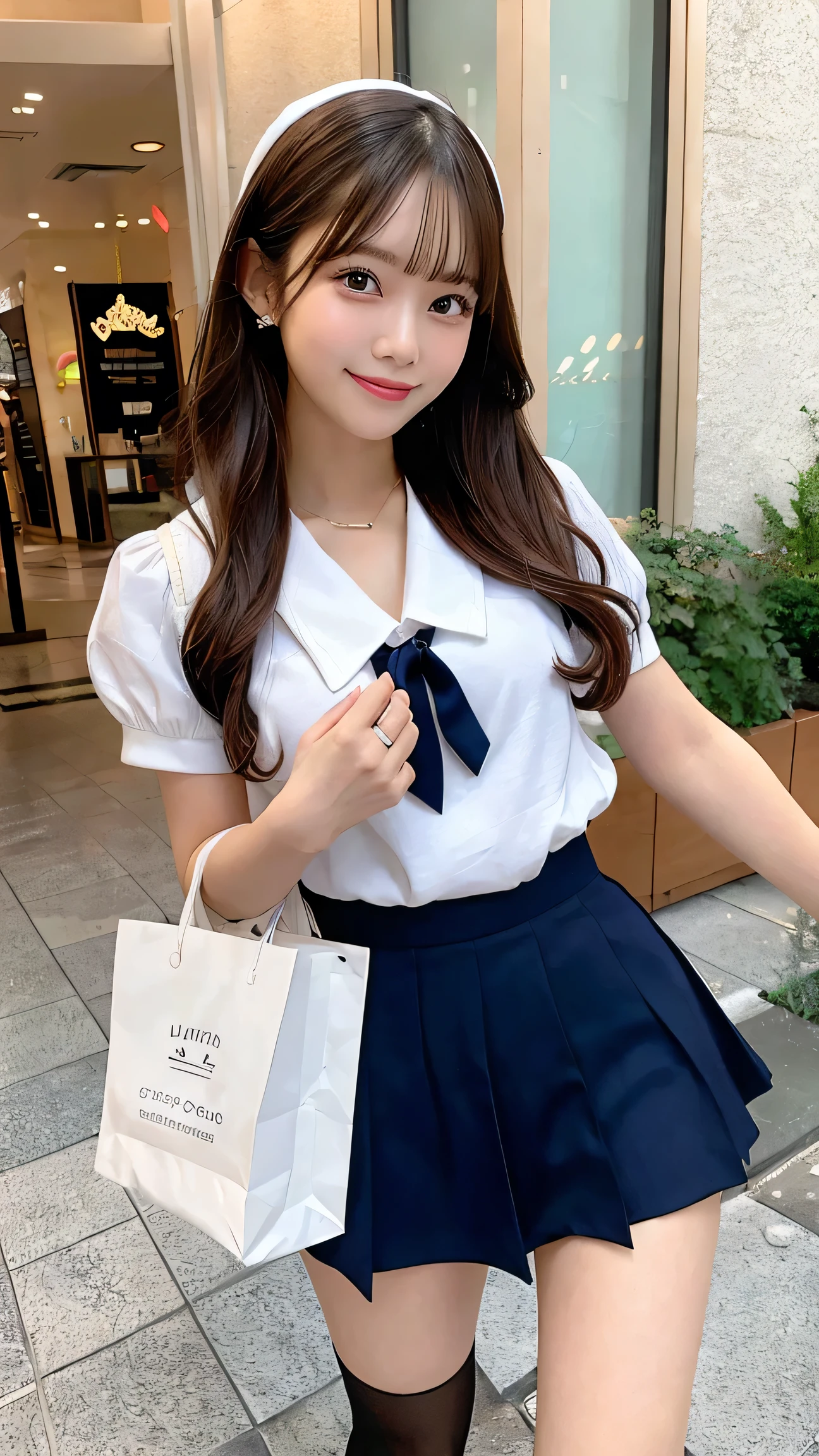 best quality, 1 beautiful woman, sailor uniform, mini skirt, walking in shopping mall, holding shopping bags, excited expression, modern background, high detail