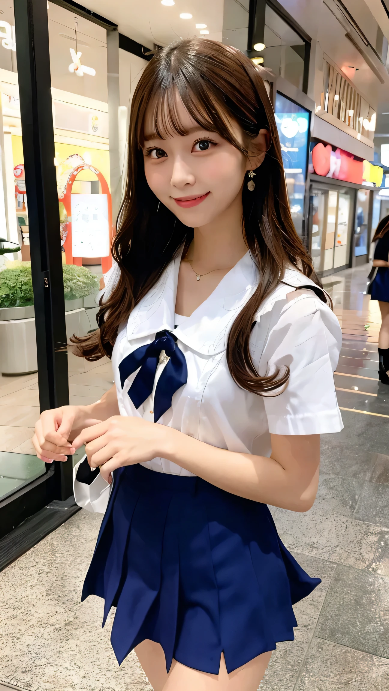 best quality, 1 beautiful woman, sailor uniform, mini skirt, walking in shopping mall, holding shopping bags, excited expression, modern background, high detail