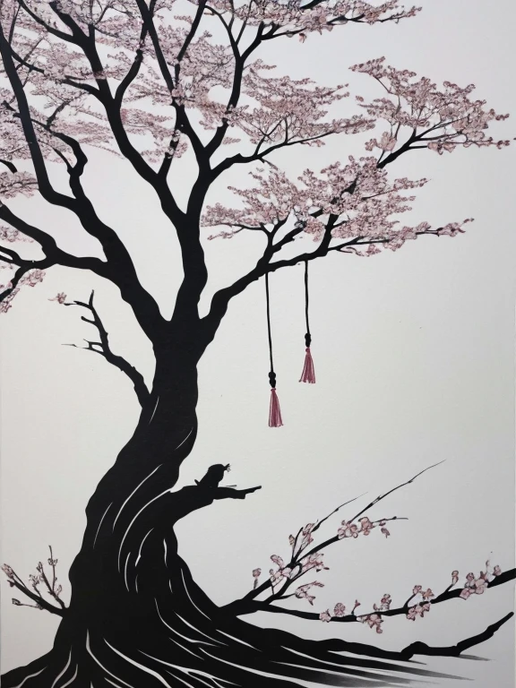 silhouette,one cherry blossom big tree,monochrome,old painting,white background,far away,tribal