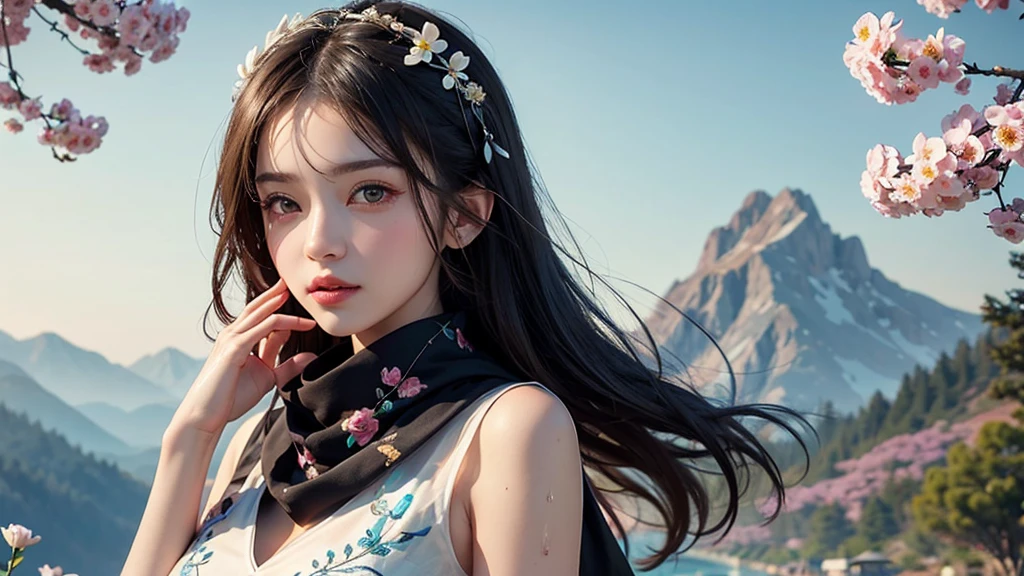 One huge breasted girl,Upper body close-up,Black Hair,Floated hair,Hazy beauty,Very beautiful face,Light tulle texture embroidered dress,Put a hairpin on your head,Surrounded by flowers,Soft Lightが顔を照らす,Perfect Anatomy,Colorful flowers,(spring, Wet day, part々Became, mountains), Simple vector art, modern chinese art, Soft Light, Tangled scarf,Looking down