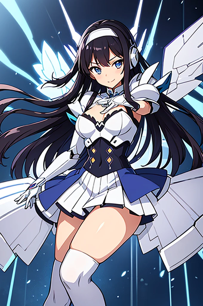 Mecha Wings、White and blue skirt、Accentuated thighs、White tights、chest、Beautiful black hair、1 girl、solo girl、Thick thighs、IS、Frame Arms Girl、Alice Gere Aegis、White Armor、Blue and purple lines、income、headphone、hand on own chest、smile