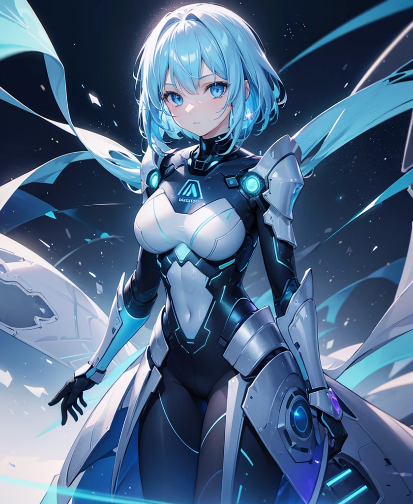 ((Holographic glow effect)),8k, Highest quality, (real:1.4), Original photo, 1 girl, Asari Hair, Biological Amplifier, refined armor, posture: Peace talks between warring factions, smart blue eyes,whole body