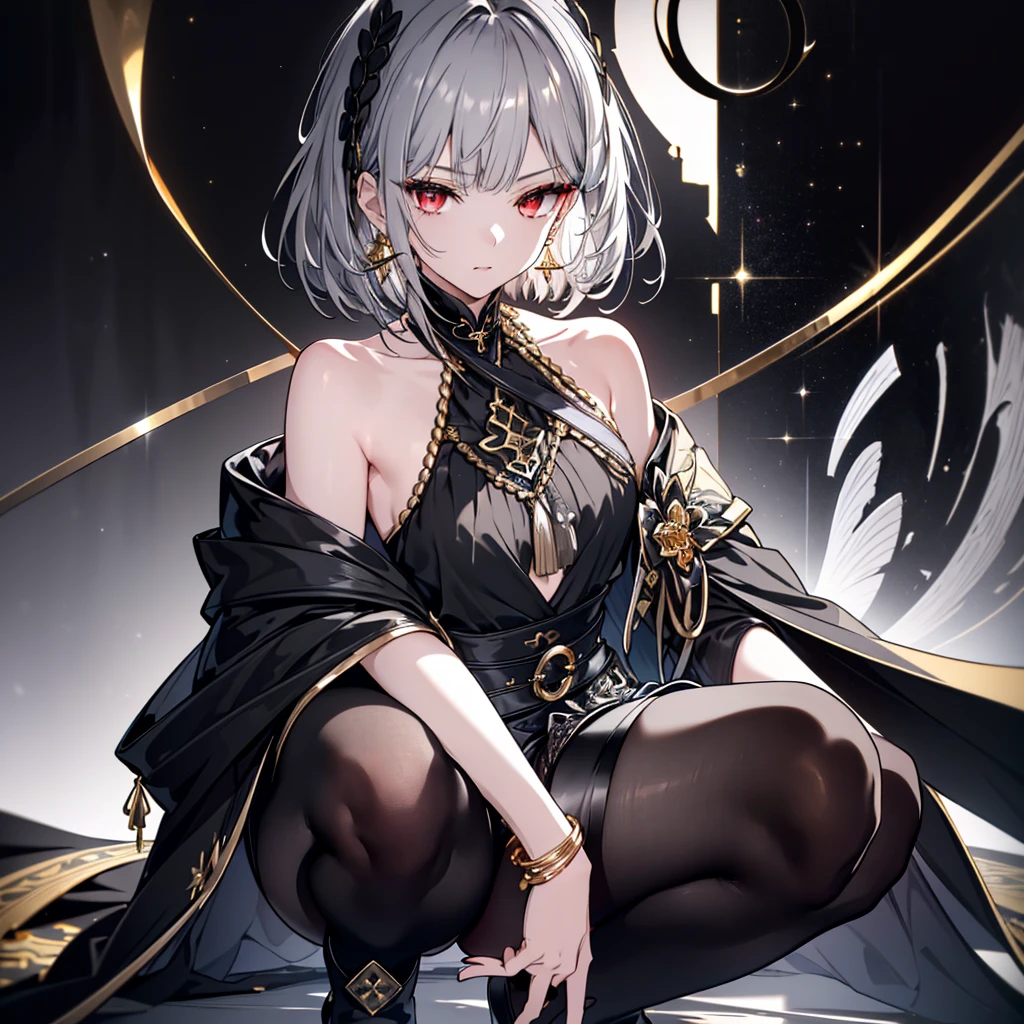 8k,High resolution RAW color art,Anime Art,Silver Marble Skin, (((Very detailed and cool))), Detailed skin, Bokeh、texture,(Exquisitely crafted, The finer details, Ultra-detailed art), (((1 girl))), Depth of written boundary, Silky Touch, Hyper Detail, (((Cool face))), eye shadow、woman, Beautiful detailed red eyes, Beautiful lip detail, Highly detailed face, Delicate depiction of hair and eyes, Detailed Fashion, Golden earrings,(((Knee))), Black half top、(((Shoulder Bare)))、Black shorts、Waist Cloak、black tights、Golden decoration, Grey Hair, Golden bracelet, Straight Hair、Short Hair、(((Hair)))、Ruined City、Natural light