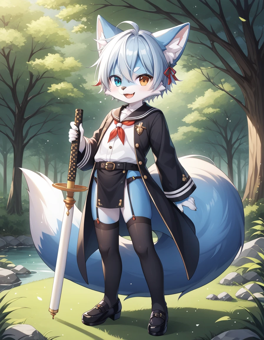 毛茸茸of, Fraction_of, pushrod, fox, 独自of, furry , 毛茸茸of, Blue and white, Flute, Tail, 可爱of, 短of, Heterochromia, Cartoon, Flat Color, 简单of阴影, Full body portrait,Forest Background, 模糊of背景, Cub, male,Chivalrous Costume,