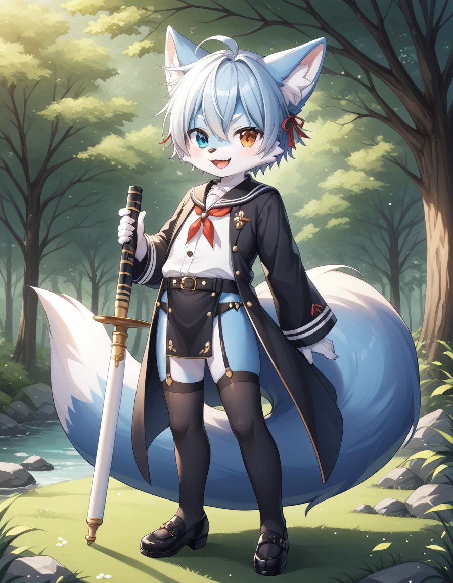 毛茸茸of, Fraction_of, pushrod, fox, 独自of, furry , 毛茸茸of, Blue and white, Flute, Tail, 可爱of, 短of, Heterochromia, Cartoon, Flat Color, 简单of阴影, Full body portrait,Forest Background, 模糊of背景, Cub, male,Chivalrous Costume,