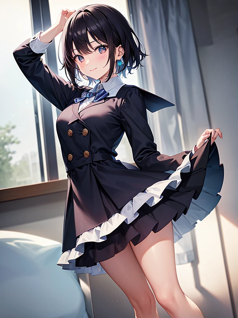 ( Absurd , high quality , Super detailed, Watch your hands,Pay attention to the shape of your hands,Pay attention to your legs,Pay attention to the shape of your legs,The number of fingers on the hand is 5 )Short black hair,One girl,Her right eye is hidden by her bangs,Eye color is red,Dress code: uniform,: Ele a school classroom,The expression is a smile,Small breasts