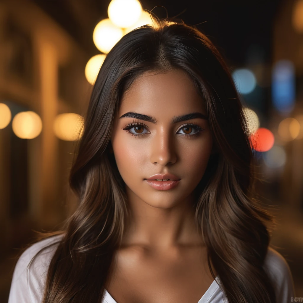 Photorealistic portrait of a 21-year-old Colombian girl with long, flowing brown hair and striking dark eyes. creates different activities and atmosphere, perfect face, symmetrical eyes, full body, perfect body, very detailed skin, matte skin, professional photography, 8k, raw photo, best quality, masterpiece, photo-realistic, very detailed, cinematic lighting, sharpness, DSLR, high resolution, Photorealistic