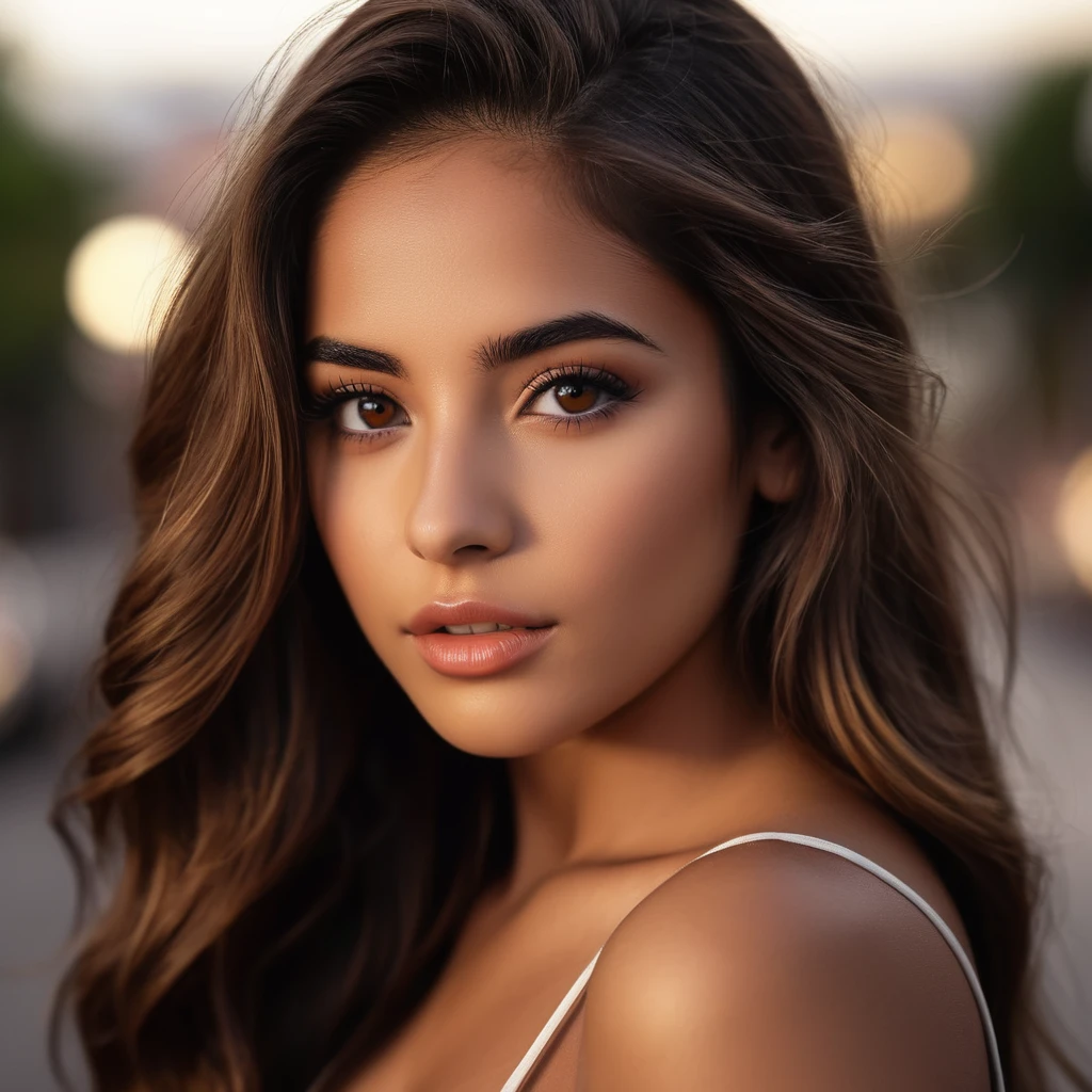 Photorealistic portrait of a 21-year-old Colombian girl with long, flowing brown hair and striking dark eyes. creates different activities and atmosphere, perfect face, symmetrical eyes, full body, perfect body, very detailed skin, matte skin, professional photography, 8k, raw photo, best quality, masterpiece, photo-realistic, very detailed, cinematic lighting, sharpness, DSLR, high resolution, Photorealistic