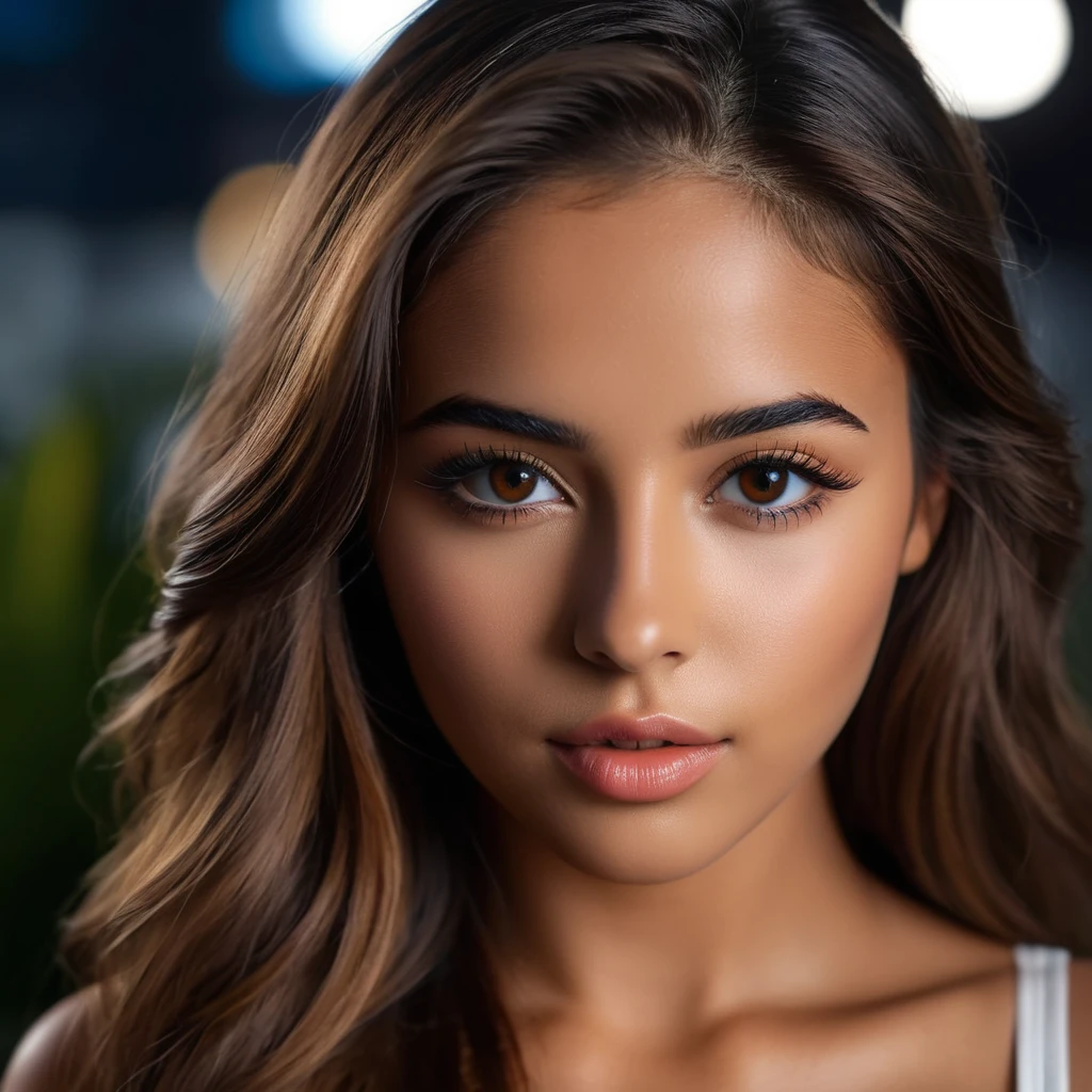 Photorealistic portrait of a 21-year-old Colombian girl with long, flowing brown hair and striking dark eyes. creates different activities and atmosphere, perfect face, symmetrical eyes, full body, perfect body, very detailed skin, matte skin, professional photography, 8k, raw photo, best quality, masterpiece, photo-realistic, very detailed, cinematic lighting, sharpness, DSLR, high resolution, Photorealistic