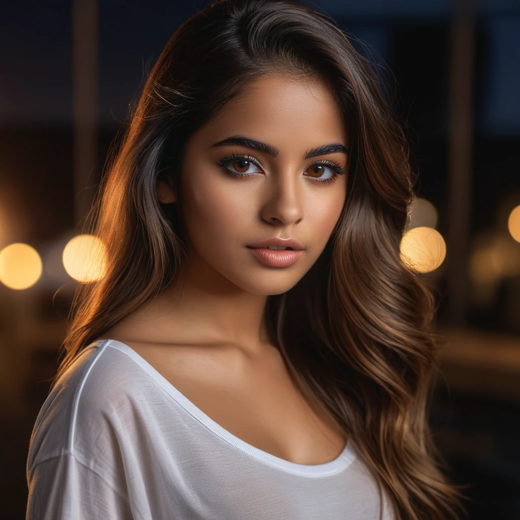 Photorealistic portrait of a 21-year-old Colombian girl with long, flowing brown hair and striking dark eyes. creates different activities and atmosphere, perfect face, symmetrical eyes, full body, perfect body, very detailed skin, matte skin, professional photography, 8k, raw photo, best quality, masterpiece, photo-realistic, very detailed, cinematic lighting, sharpness, DSLR, high resolution, Photorealistic