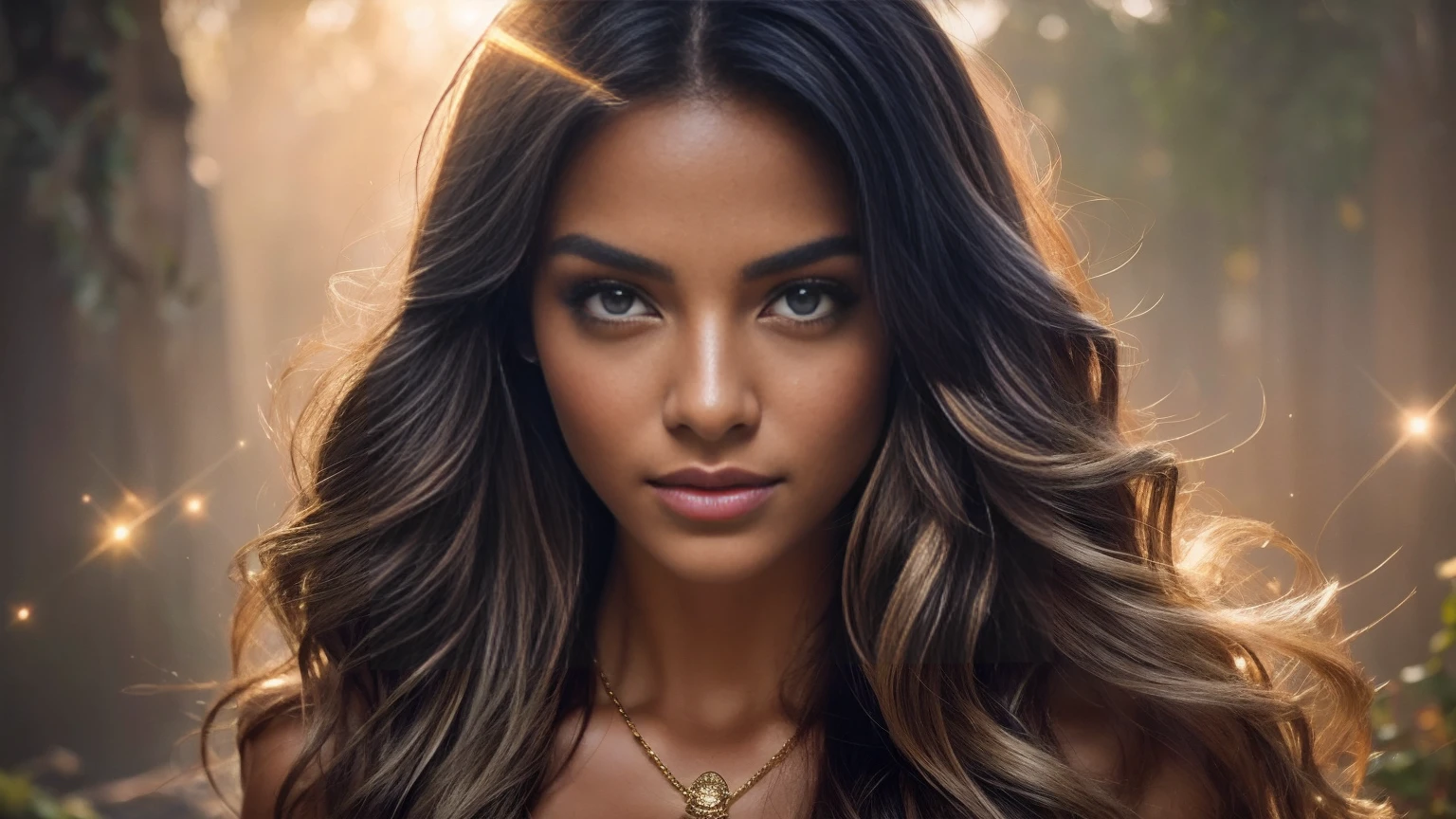 Create a stunning portrait of an ethereal young woman surrounded by a mesmerizing display of magical elements. The woman should have delicate features, with luminous skin that seems to glow from within. Her eyes should sparkle with an otherworldly light, reflecting the magic around her. Her hair should flow gracefully, perhaps with subtle magical highlights or a soft shimmer. Encompassing the woman, create a breathtaking aura of fantastical sparkles and magical dust. These elements should vary in size and intensity, from tiny glimmering specks to larger, more prominent magical particles. The sparkles should have a range of colors, predominantly soft golds, silvers, and iridescent hues that complement the overall color scheme. Integrate floating, gradient atmospheric particles throughout the image. These should be well-illuminated, creating a sense of depth and dimension. The particles could range from soft, misty orbs to more defined, geometric shapes, all contributing to the magical atmosphere. Use a variety of colors for these particles, ensuring they blend harmoniously with the sparkles and the overall composition. The lighting should be soft yet dramatic, with key light sources that highlight the woman's features and the magical elements around her. Consider incorporating rim lighting to create a magical glow around her silhouette. The overall illumination should enhance the fantastical nature of the scene, perhaps with gentle light rays or a soft, ethereal glow permeating the entire image. Ensure the image has high saturation to bring out the vibrancy of the magical elements and the woman's features. The contrast should be well-balanced, creating depth and dimension without overpowering the softer, magical elements. This will help to make the sparkles and particles stand out against the background while still maintaining a cohesive and enchanting overall look. The background should be subtle yet mystical, perhaps featuring a soft gradient or a blurred magical l
