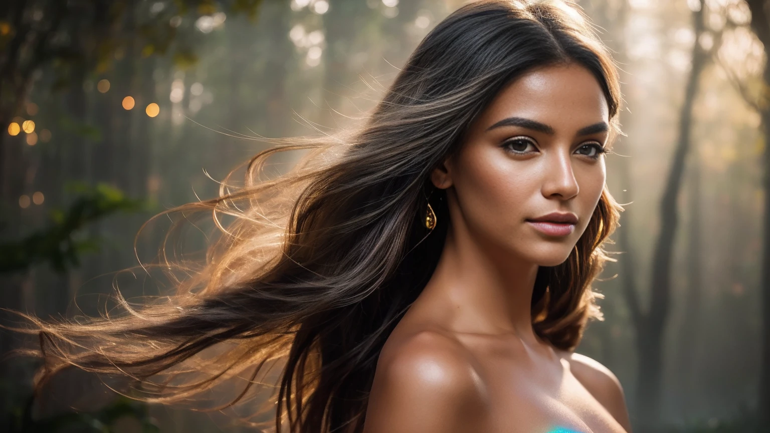 Create a stunning portrait of an ethereal young woman surrounded by a mesmerizing display of magical elements. The woman should have delicate features, with luminous skin that seems to glow from within. Her eyes should sparkle with an otherworldly light, reflecting the magic around her. Her hair should flow gracefully, perhaps with subtle magical highlights or a soft shimmer. Encompassing the woman, create a breathtaking aura of fantastical sparkles and magical dust. These elements should vary in size and intensity, from tiny glimmering specks to larger, more prominent magical particles. The sparkles should have a range of colors, predominantly soft golds, silvers, and iridescent hues that complement the overall color scheme. Integrate floating, gradient atmospheric particles throughout the image. These should be well-illuminated, creating a sense of depth and dimension. The particles could range from soft, misty orbs to more defined, geometric shapes, all contributing to the magical atmosphere. Use a variety of colors for these particles, ensuring they blend harmoniously with the sparkles and the overall composition. The lighting should be soft yet dramatic, with key light sources that highlight the woman's features and the magical elements around her. Consider incorporating rim lighting to create a magical glow around her silhouette. The overall illumination should enhance the fantastical nature of the scene, perhaps with gentle light rays or a soft, ethereal glow permeating the entire image. Ensure the image has high saturation to bring out the vibrancy of the magical elements and the woman's features. The contrast should be well-balanced, creating depth and dimension without overpowering the softer, magical elements. This will help to make the sparkles and particles stand out against the background while still maintaining a cohesive and enchanting overall look. The background should be subtle yet mystical, perhaps featuring a soft gradient or a blurred magical l